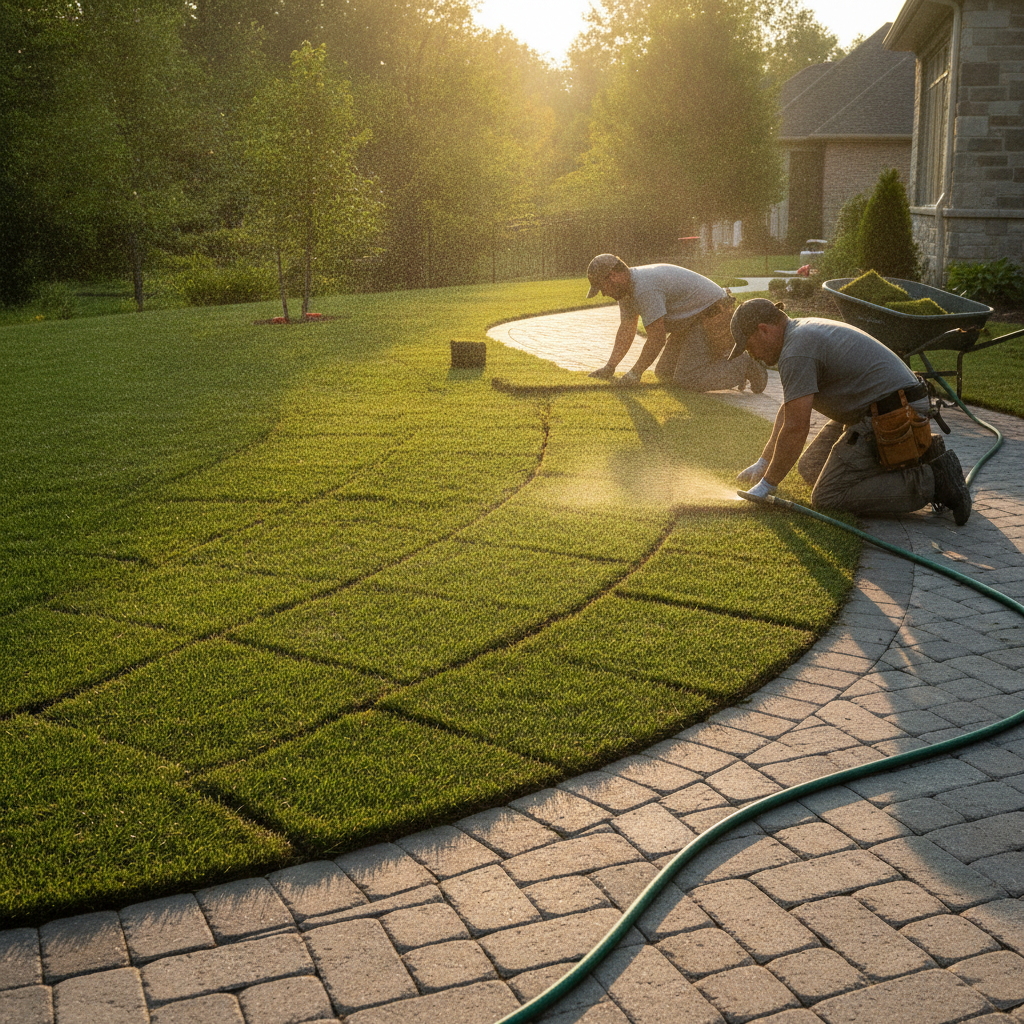 Side-angle of landscapers laying sod along a curved interlocking walkway in Mississauga, staggered joints and tight seams with light misting