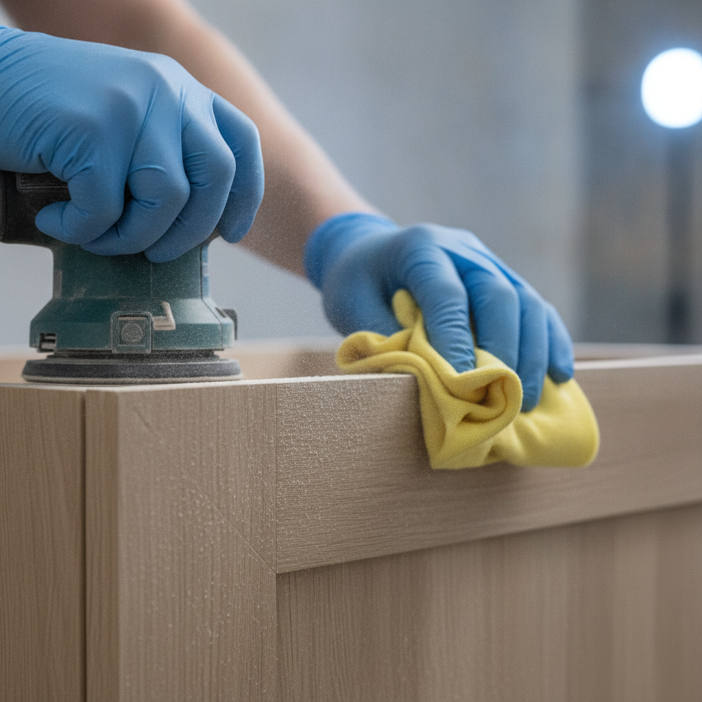 Close-up sanding and cleaning a bathroom vanity door before primer for a pro refinishing finish in Toronto homes