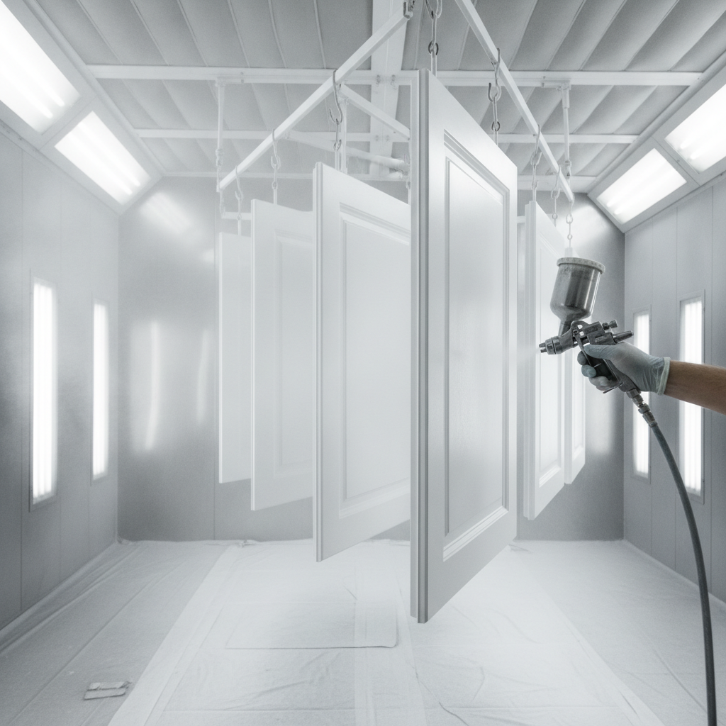Professional spray booth refinishing of bathroom vanity doors with HVLP for a factory-smooth finish