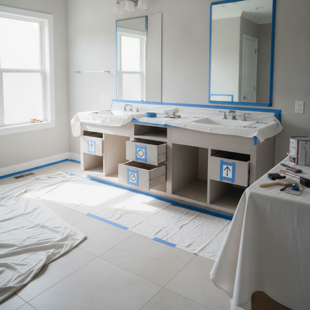Modern bathroom with vanity doors removed and surfaces masked for professional refinishing in a Toronto home