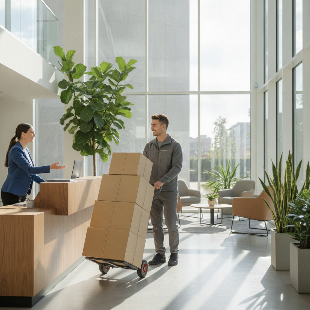 Courier delivering stacked eco-friendly catering boxes to a modern office lobby for reliable office lunch catering delivery