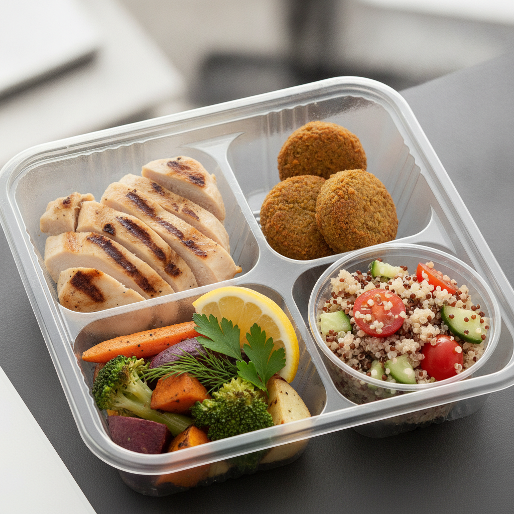 Individually packaged office lunch tray with grilled protein, falafel, quinoa salad, and roasted vegetables for inclusive office lunch catering