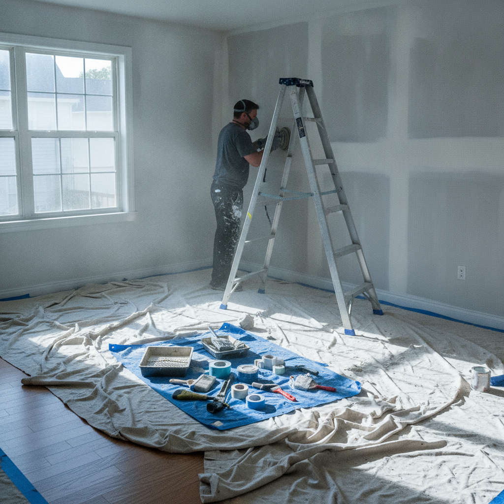 Professional painter sanding patched drywall in an empty Edmonton room with drop cloths and ladder before interior painting