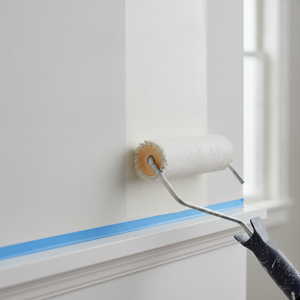 Close-up of paint roller cutting a crisp edge with eggshell interior paint and blue painter’s tape on baseboard