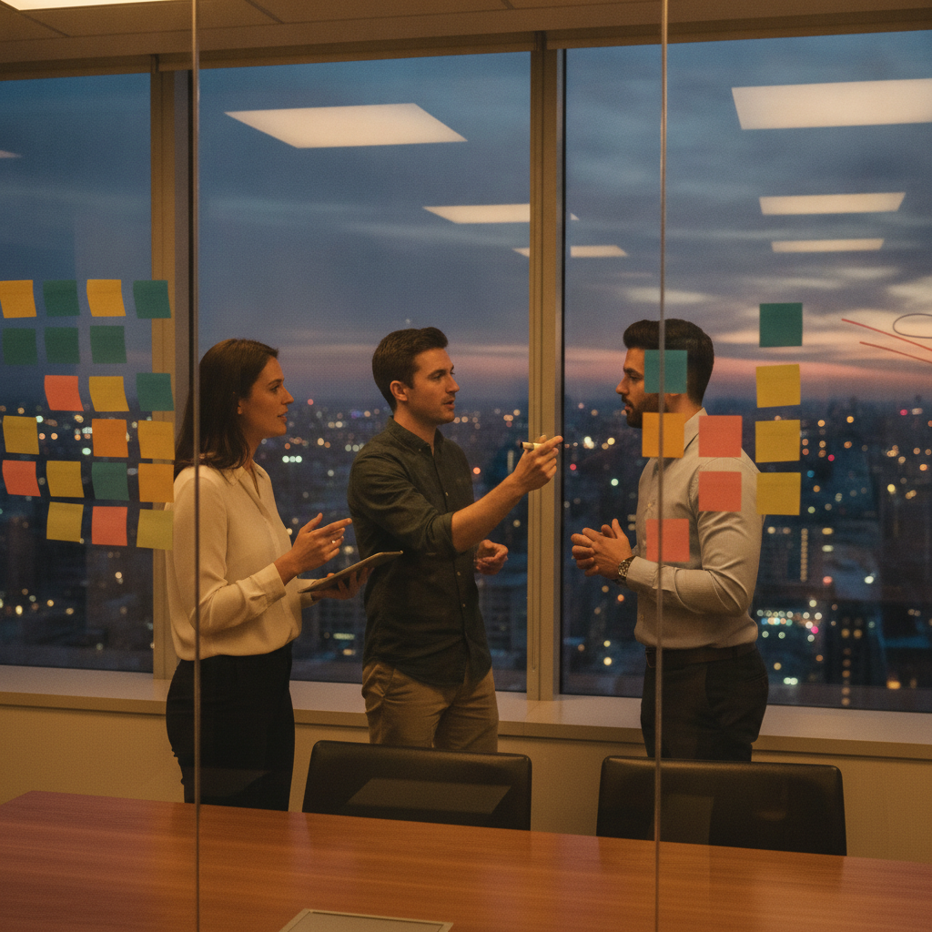 Team using sticky notes to discuss portfolio roadmap scenarios during PfMP exam prep in a collaborative session