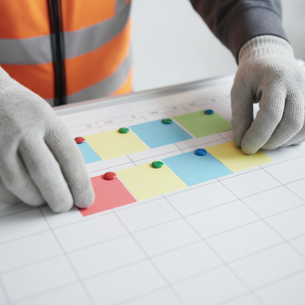 Close-up of construction planning lookahead board with magnets for crews and tasks, illustrating construction project planning and scheduling