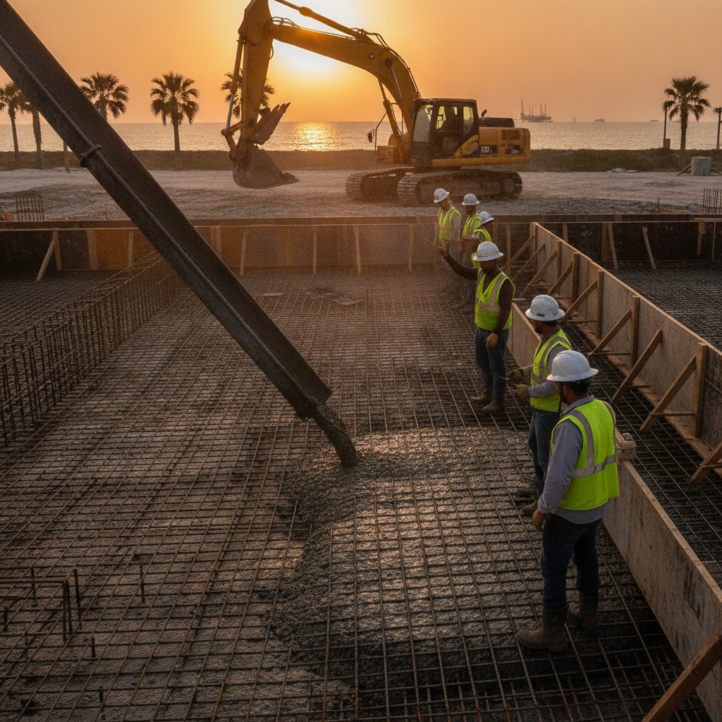 Coordinated concrete pour with rebar grid and crews communicating, showing Texas Gulf Coast construction scheduling in action