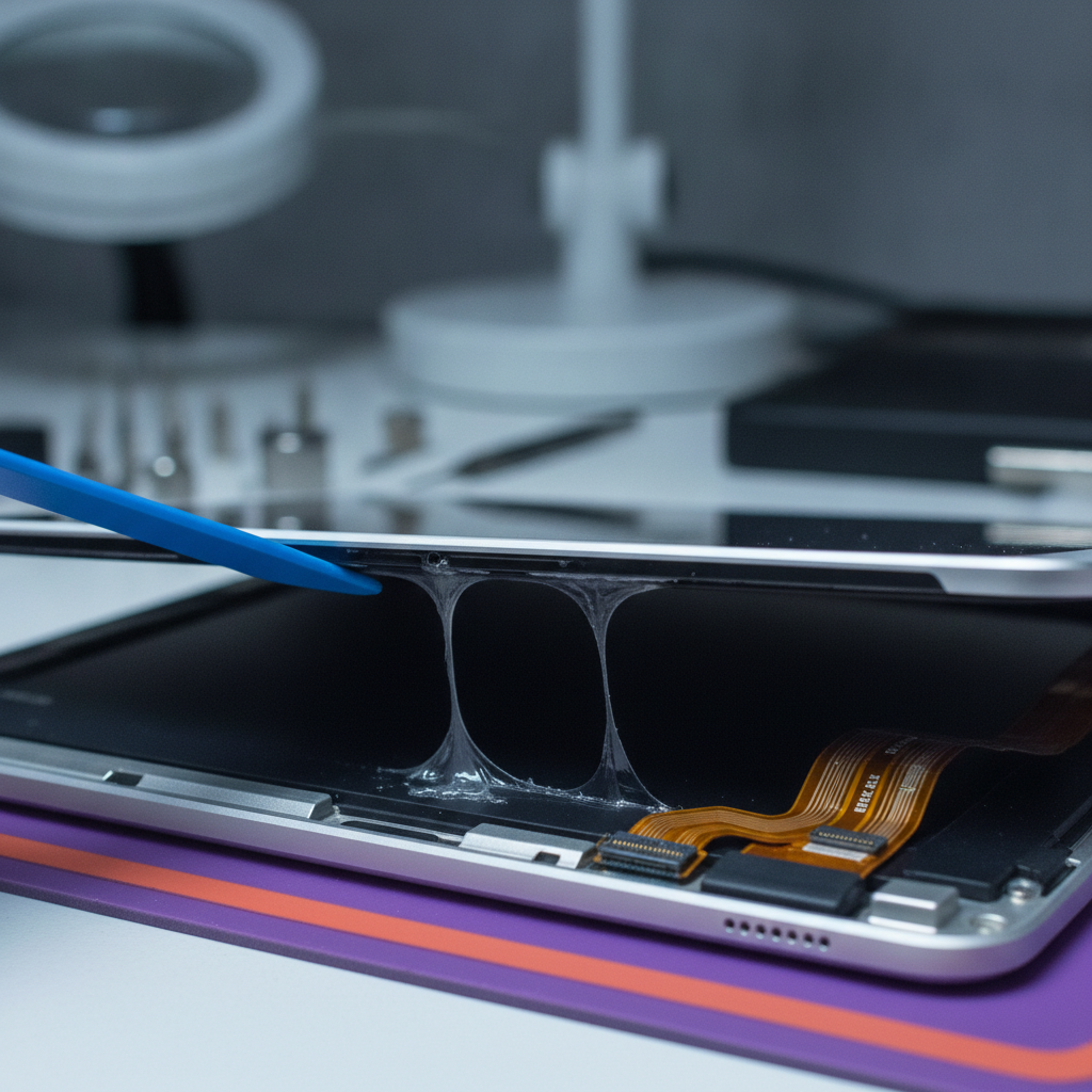 Close-up of iPad screen assembly during repair, showing adhesive and connectors—iPad repair process explained visually