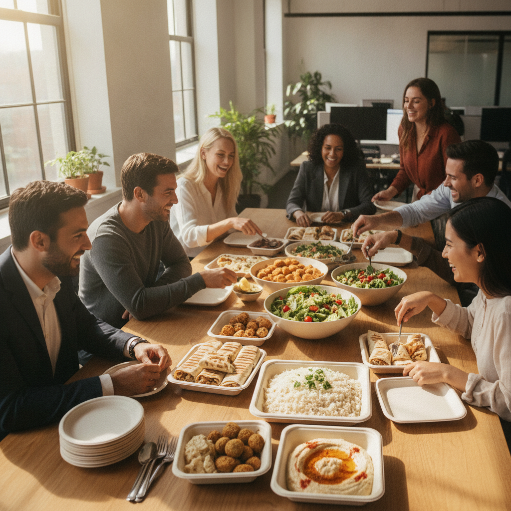 Weekday office lunch spread with shawarma wraps, salads, hummus, and falafel in eco-friendly trays