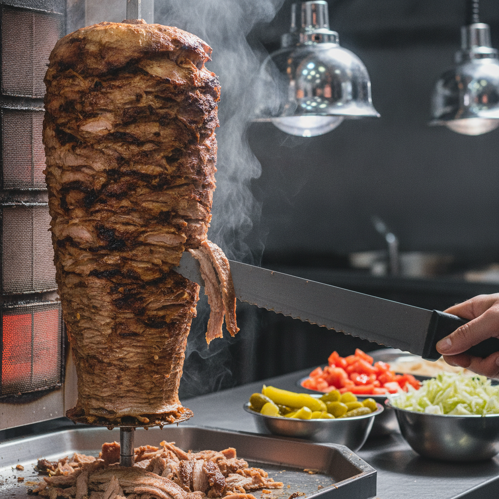 Close-up of shawarma carved from a vertical spit with fresh toppings ready for weekday delivery