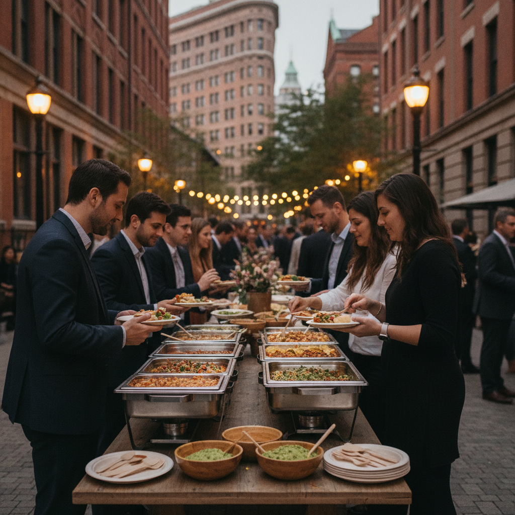 Outdoor Old Toronto event where guests serve themselves from a Mexican buffet line, illustrating catering logistics