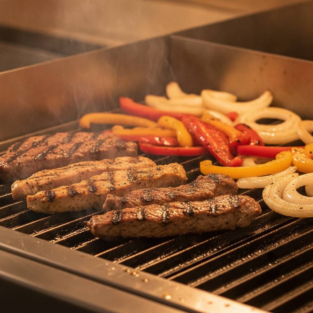 Close-up of sizzling fajita meats and peppers on the grill for a Mexican catering menu in Old Toronto
