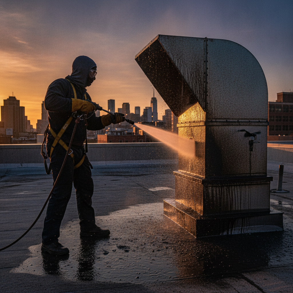 Pressure washing a rooftop restaurant exhaust fan assembly – kitchen exhaust cleaning equipment and PPE in action