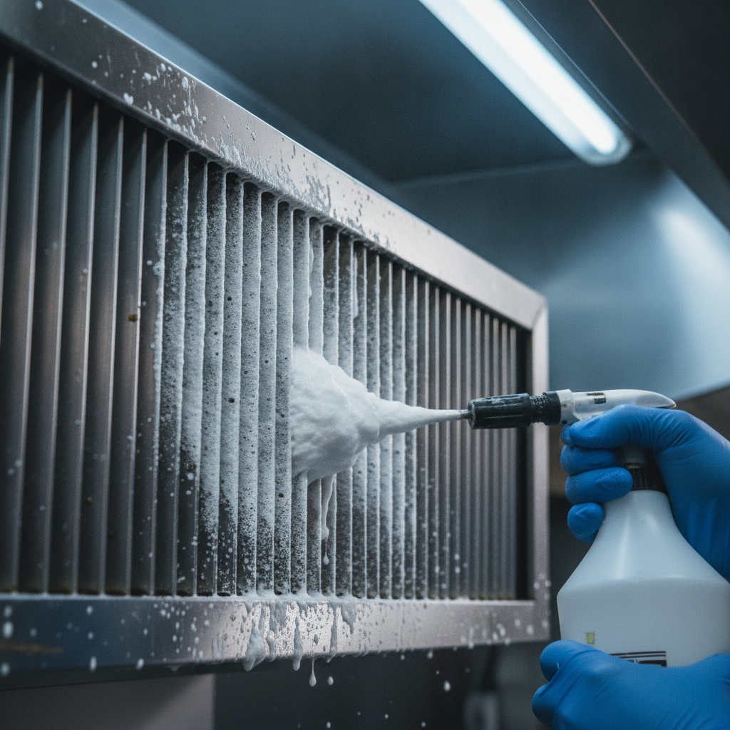 Close-up of technician degreasing a stainless steel hood baffle filter – cleaning equipment for a cleaning business in commercial kitchens