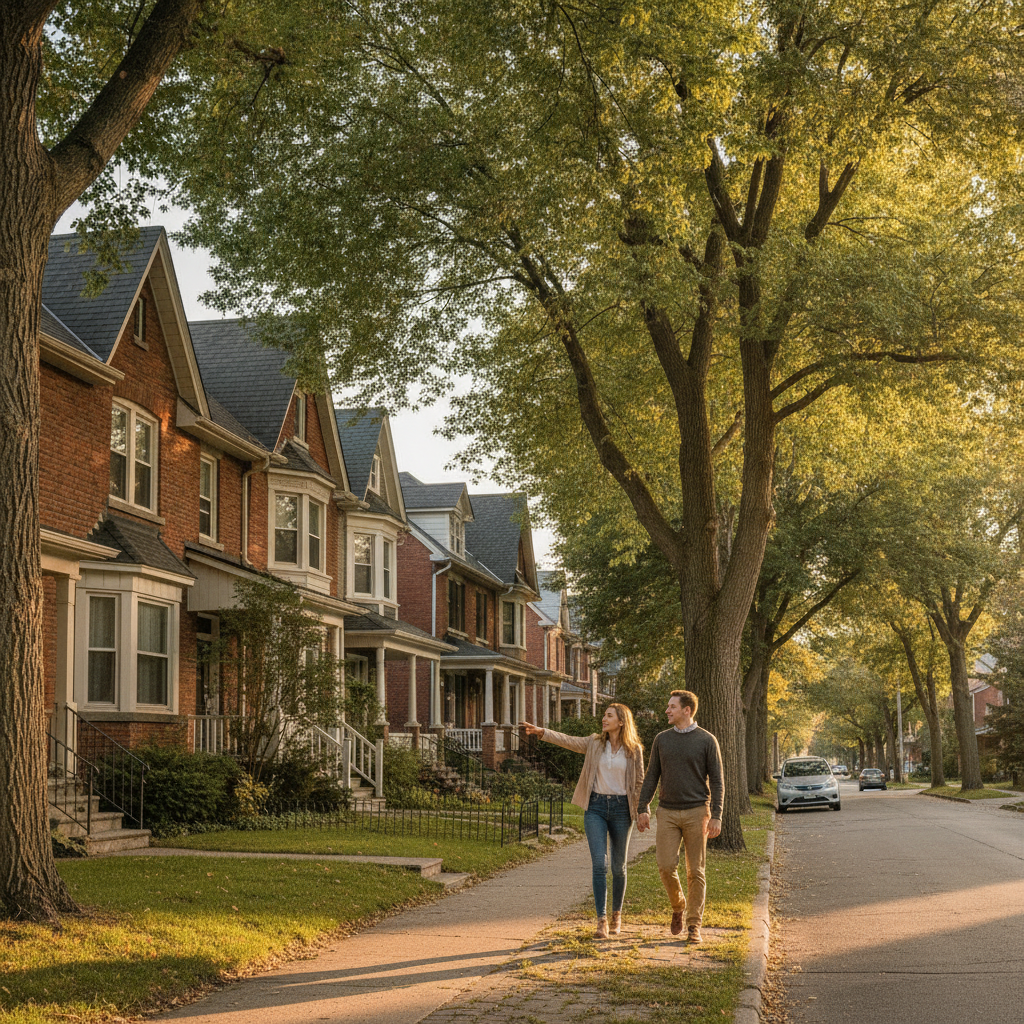 Couple touring a Cambridge neighborhood near mature trees while evaluating GTA homes for sale options