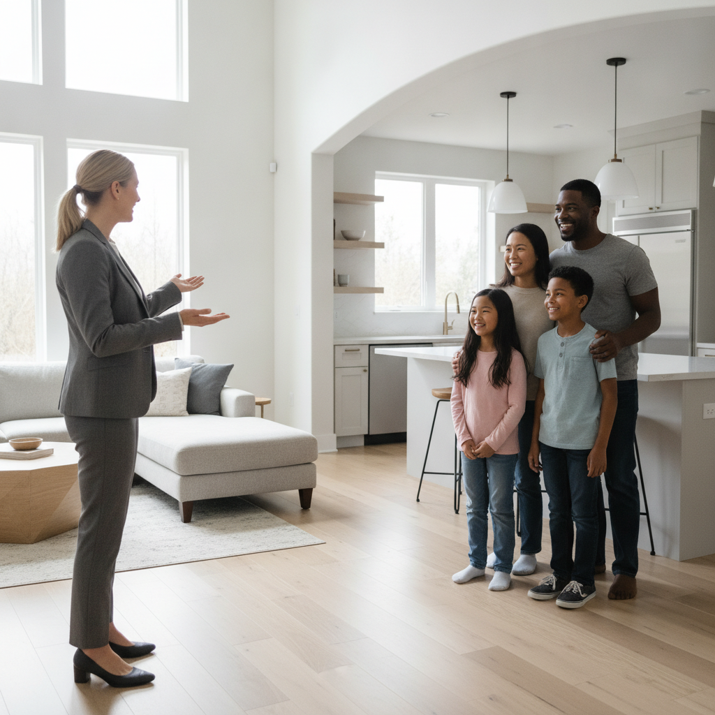 Edmonton Realtor touring a modern open-concept home with a family, illustrating buyer representation in Edmonton, Alberta