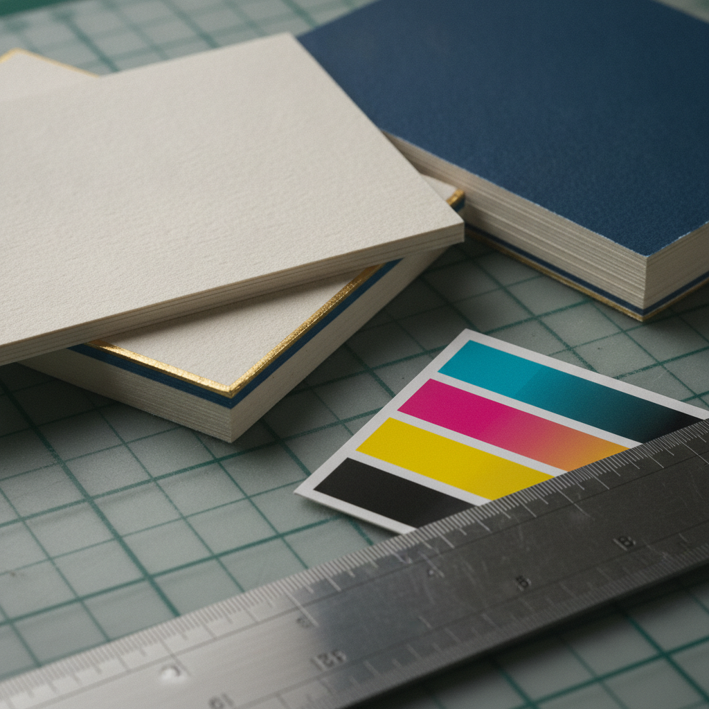 Close-up of premium business card edges and CMYK swatches illustrating finishing choices for same day pickup vs standard printing