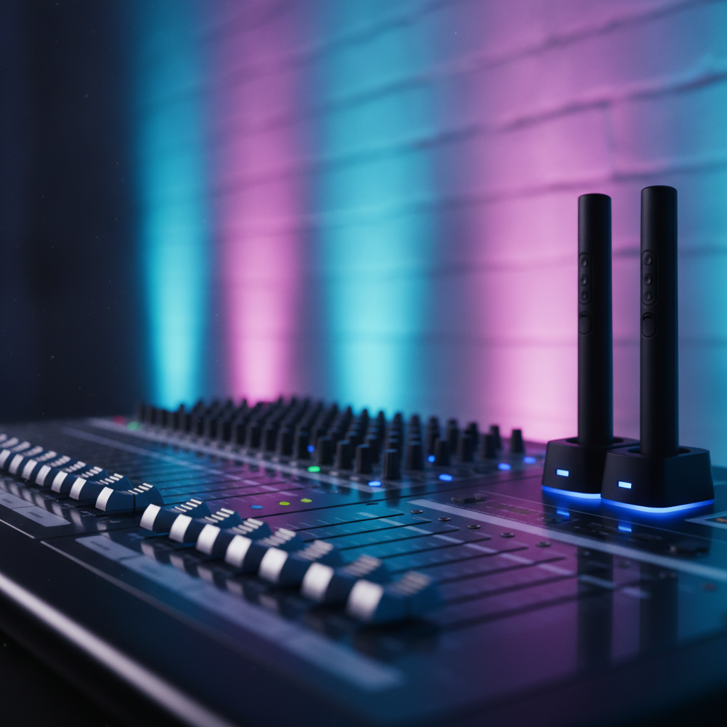 Close-up of professional event AV equipment illustrating all inclusive event package AV coverage, including a digital mixer, wireless microphones, and uplighting