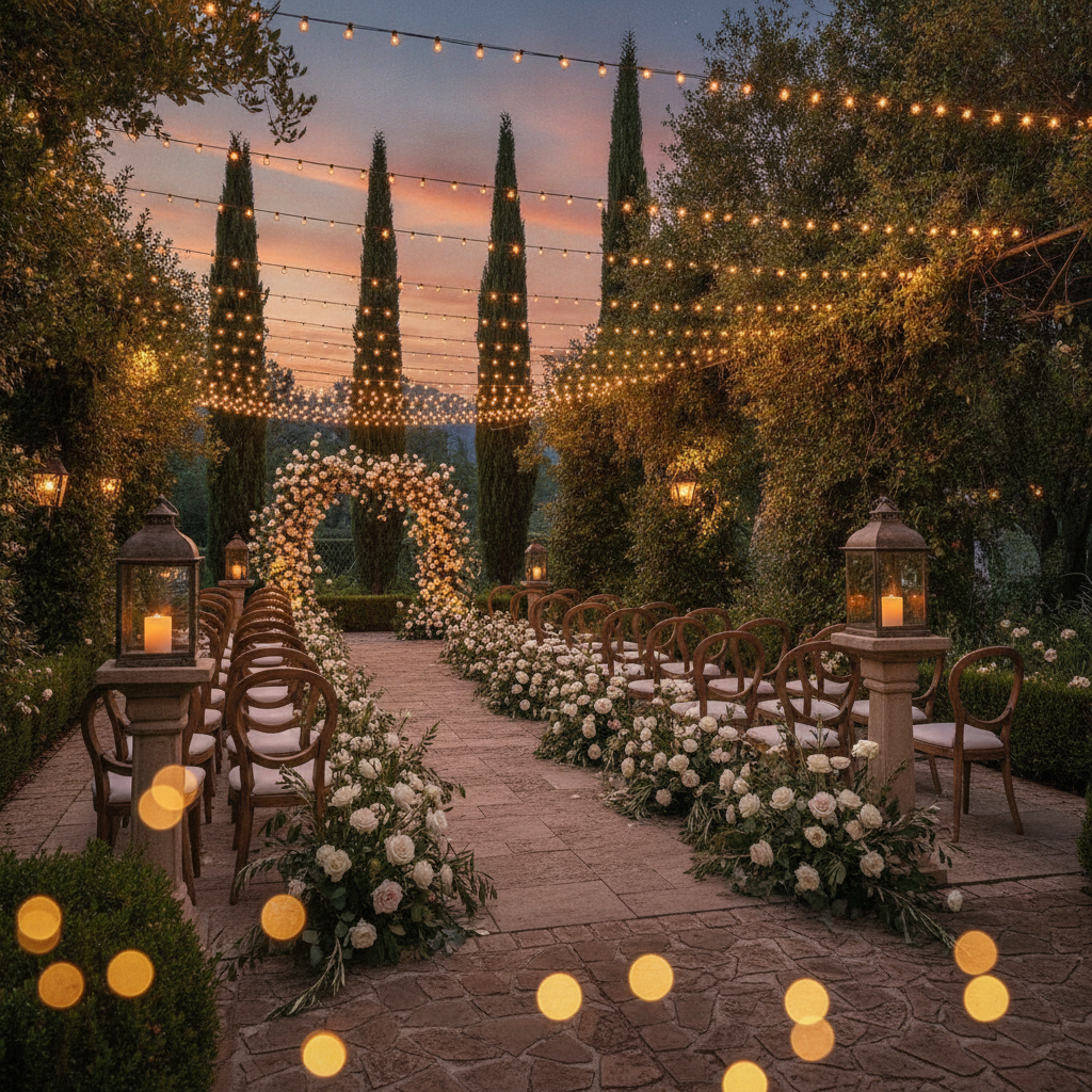 Outdoor patio ceremony setup with floral aisle and string lights at sunset, illustrating how an all inclusive event package can include customizable outdoor options