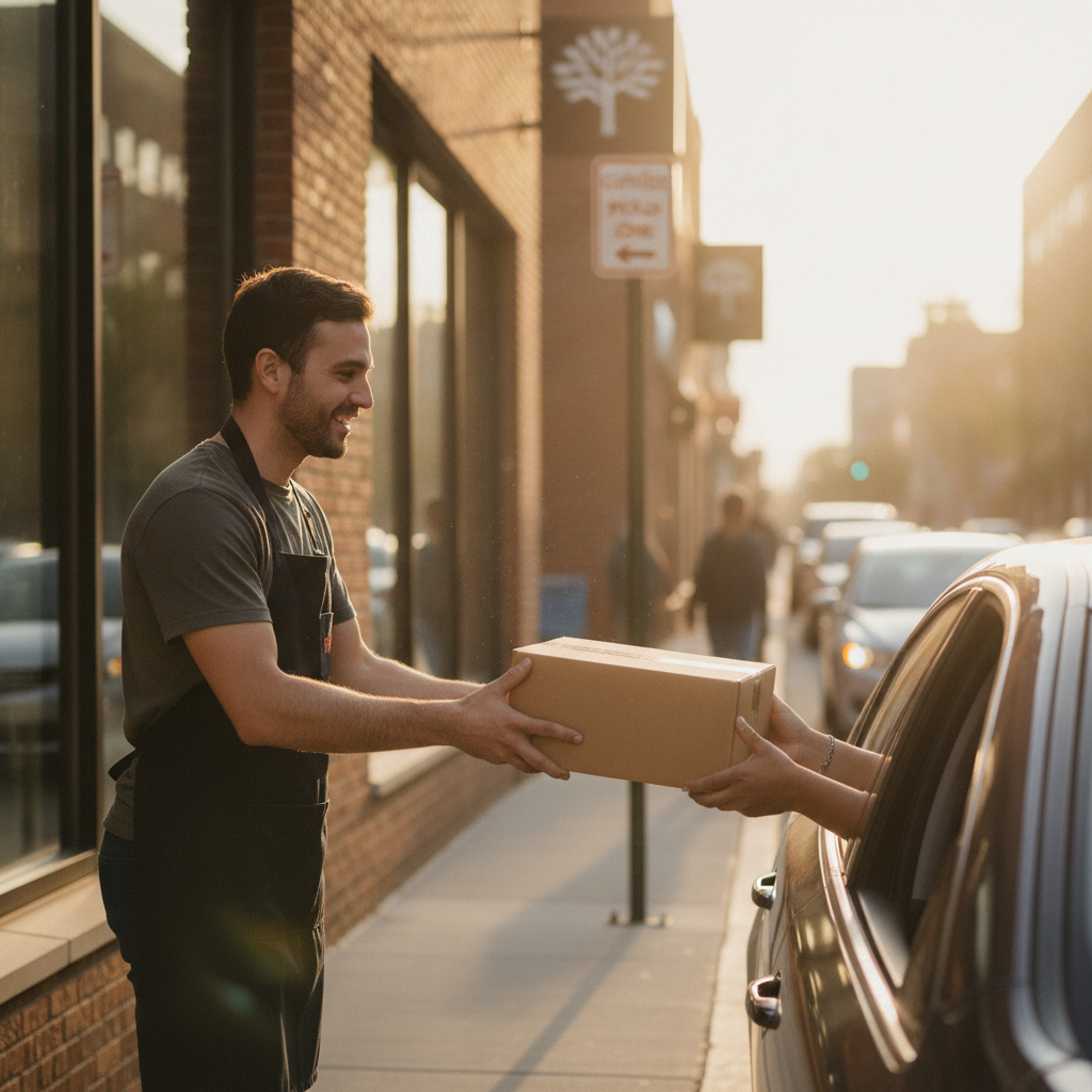 Curbside pickup handoff of a print order box demonstrating speed benefits of same day pickup compared to standard printing