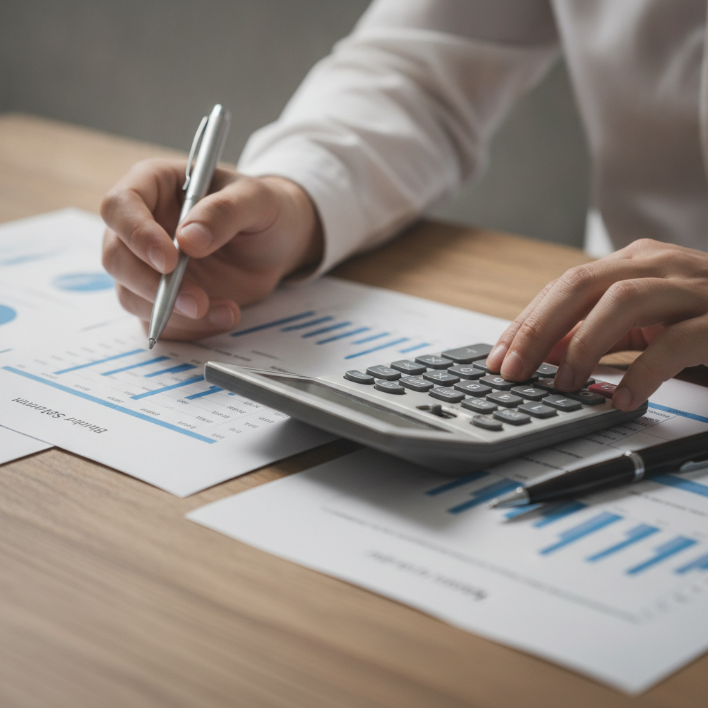 Close-up of accounting workflow reviewing BAS-style reports with calculator, illustrating accounting & tax services process