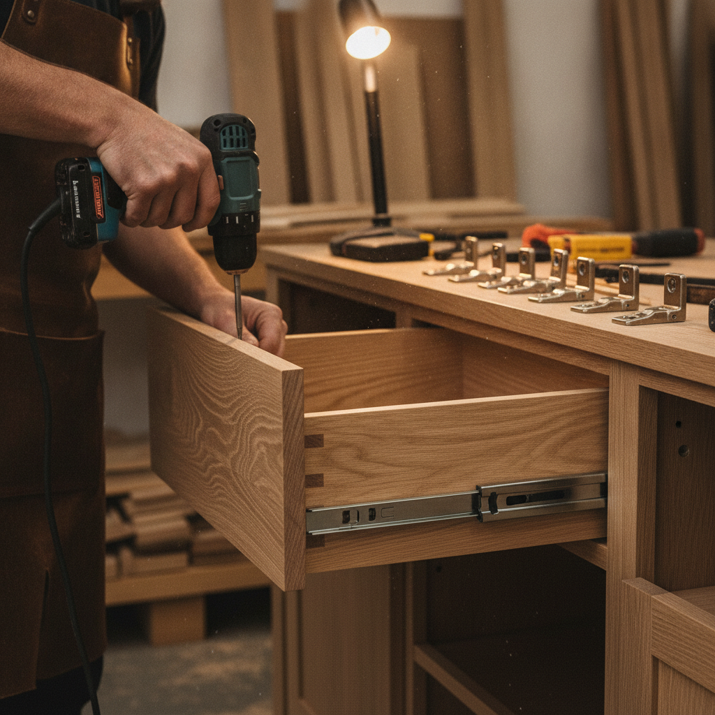 Close-up of custom cabinetry hardware during residential remodeling in the GTA, showing precise hinge alignment and soft-close drawer installation