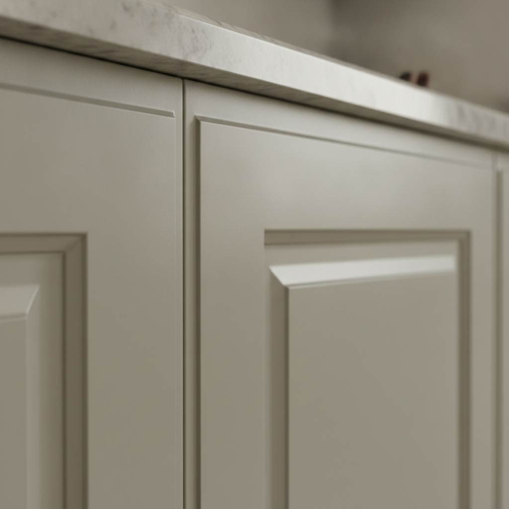 Close-up of greige spray-painted kitchen cabinets with neutral colors finish and satin sheen