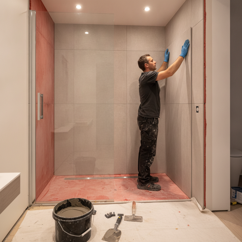 Bathroom renovation in progress during residential remodeling with large-format tile, glass shower, and waterproofing details visible
