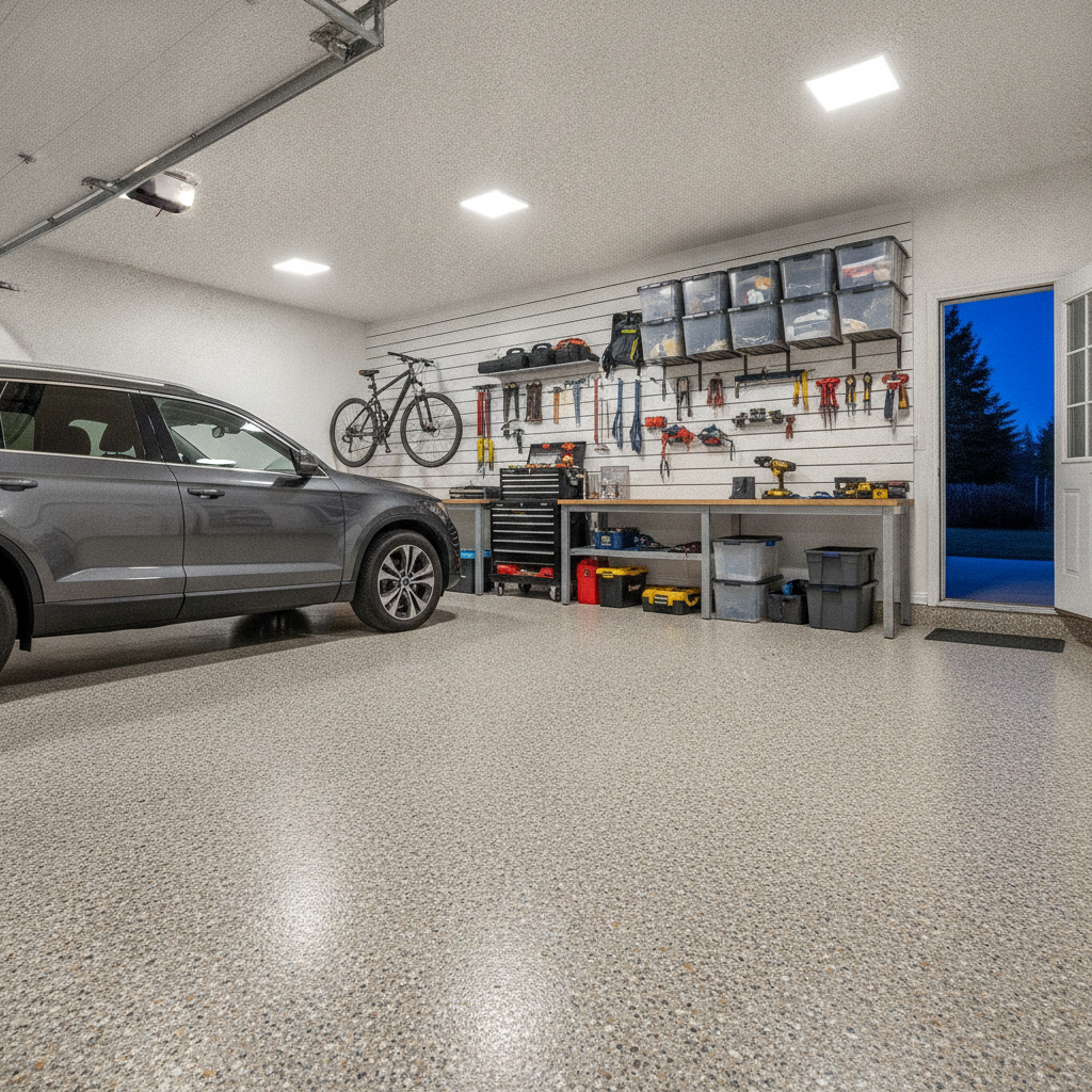 Neutral flake epoxy garage floor in gray and beige tones complementing a calm neutral color palette