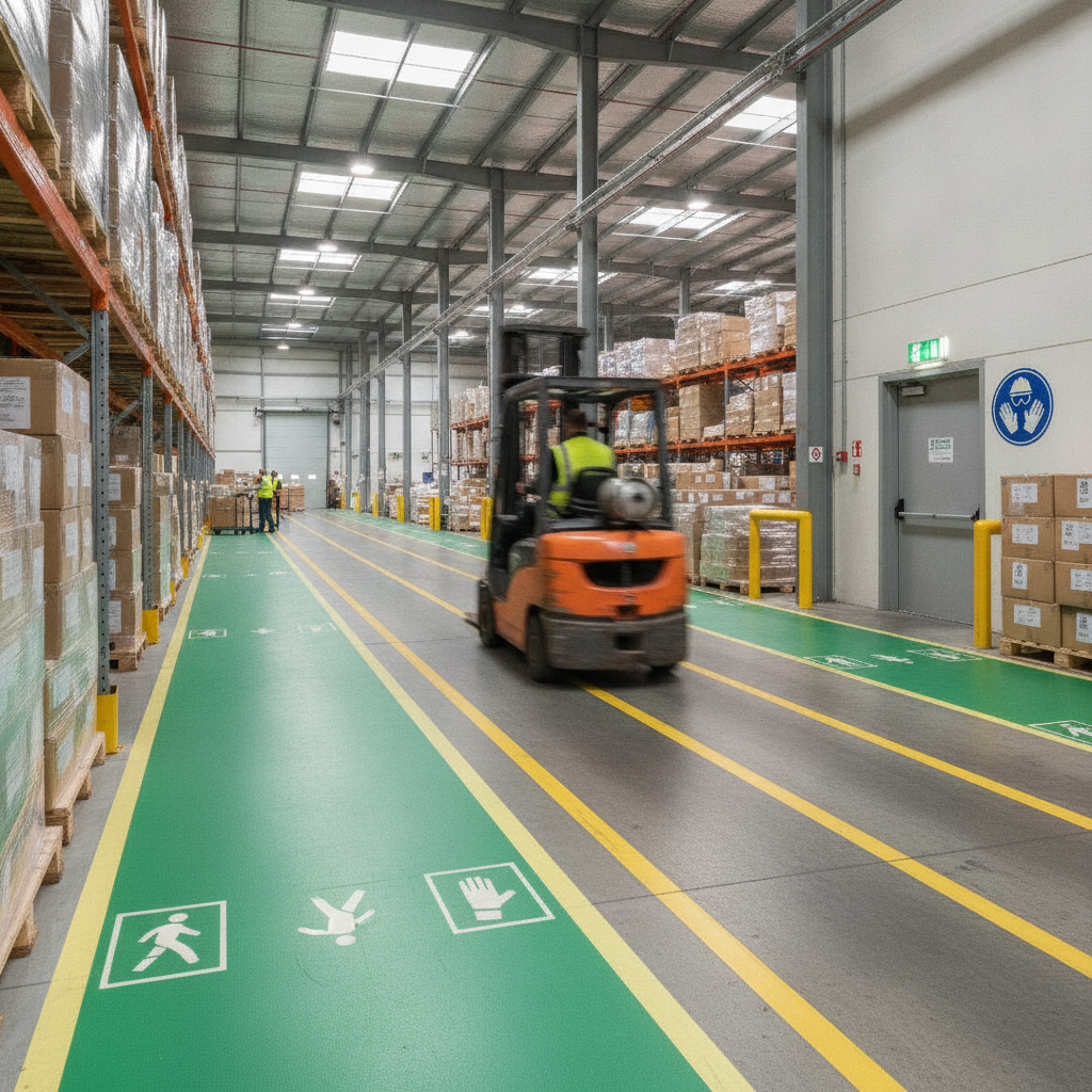 Warehouse aisle with pedestrian walkway, forklift lane markings, emergency path arrows, and PPE signage demonstrating integrated hazard markings