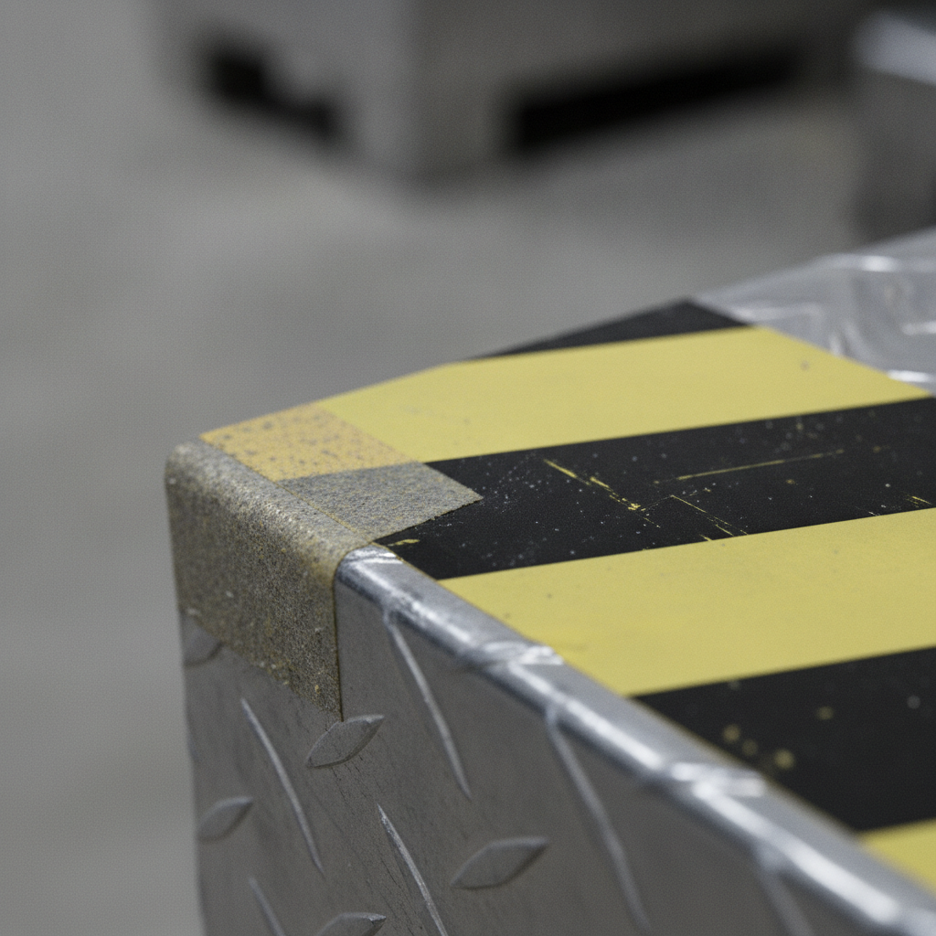 Close-up of durable yellow-black caution stripe floor tape used for hazard markings on a metal platform edge