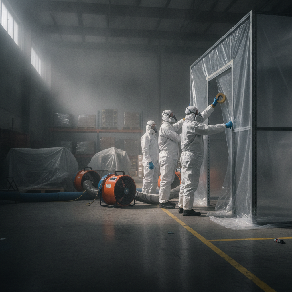 Technicians in PPE sealing an airlock during warehouse mold remediation with air movers operating