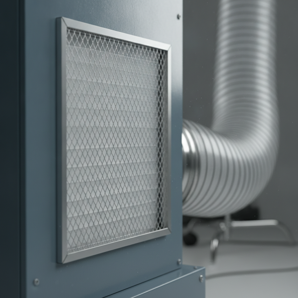 Close-up of a HEPA negative air scrubber used in commercial mold remediation with ducting and clean filter