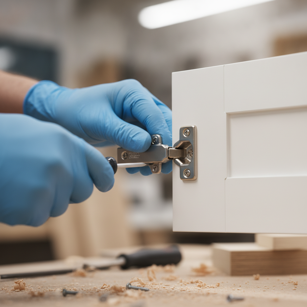 Kitchen Renovation: The Ultimate Guide for 2026 Buyers 1 Close-up of soft-close hinge installation on a white shaker cabinet during a kitchen renovation, showing professional detail and precision
