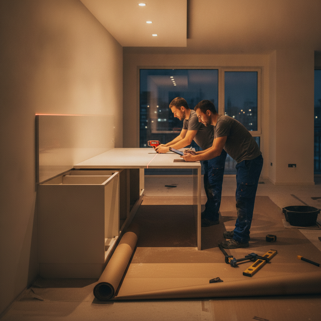Kitchen Renovation: The Ultimate Guide for 2026 Buyers 2 Installers templating a quartz countertop during a kitchen renovation, using a laser tool for precise measurement in a GTA home