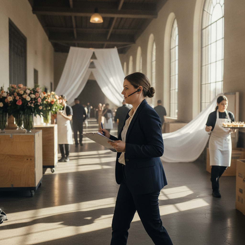 London wedding planner coordinating vendors during setup in a venue corridor, ensuring timelines and decor come together