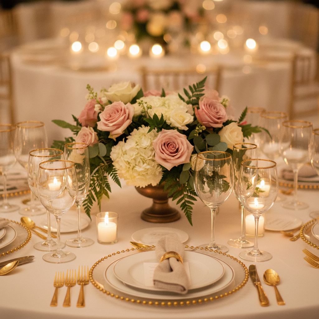 Close-up wedding tablescape with gold-rimmed glassware, lush florals, and candles styled by a London wedding agency