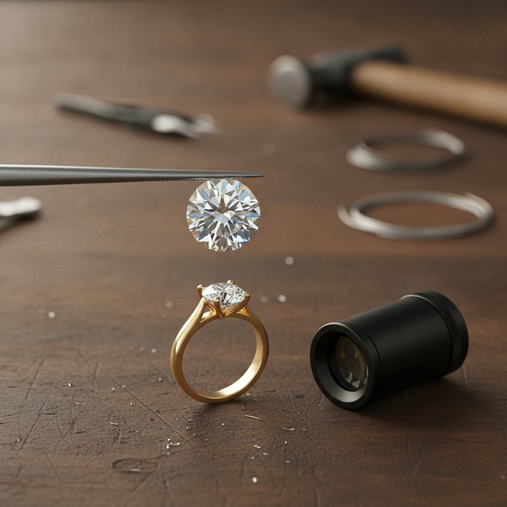Macro view of a lab-grown brilliant diamond held by tweezers over a gold solitaire setting, illustrating the 4Cs for fine diamond engagement rings
