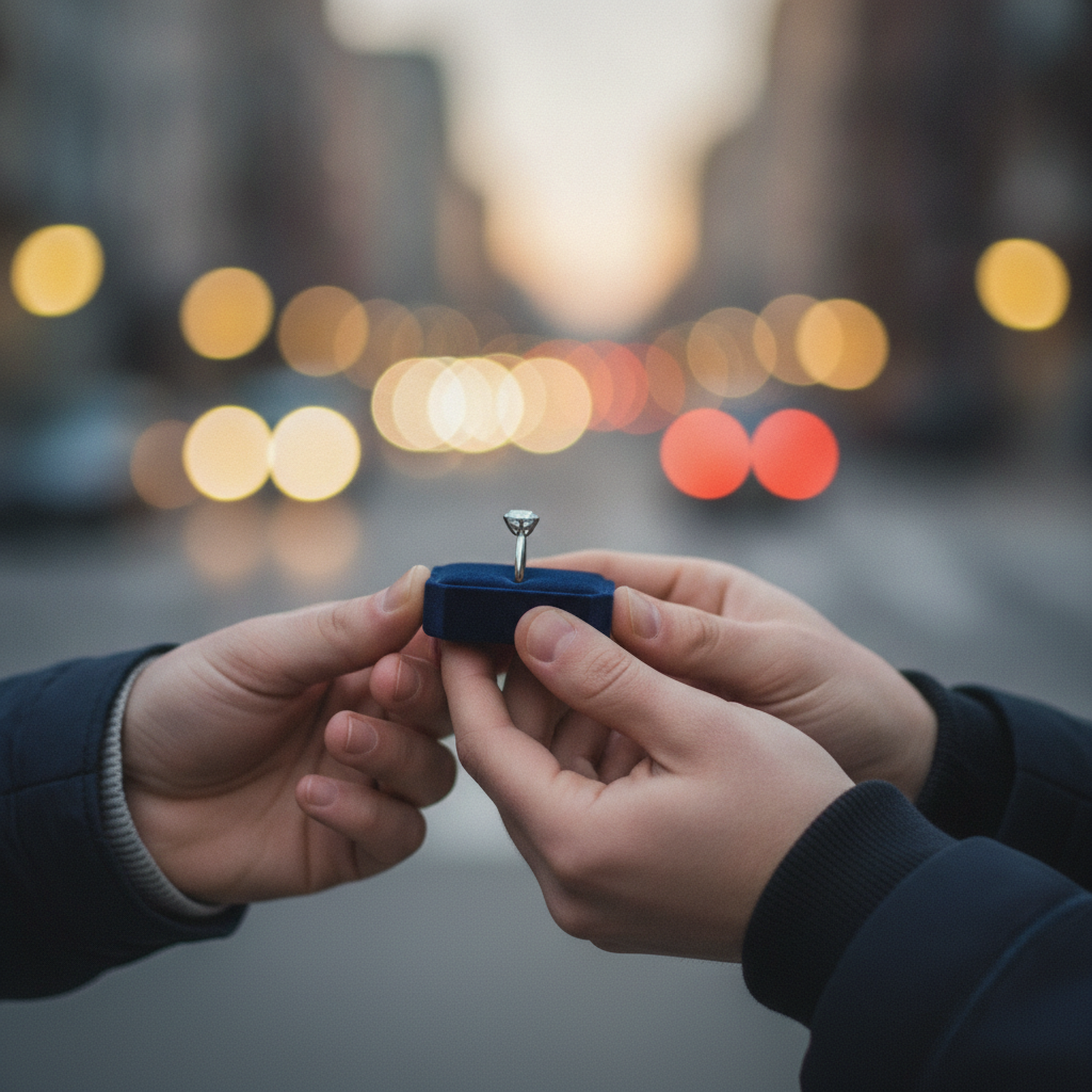 Side-angle proposal scene with a solitaire diamond ring in a box, illustrating fine diamond engagement rings chosen for brilliance and meaning