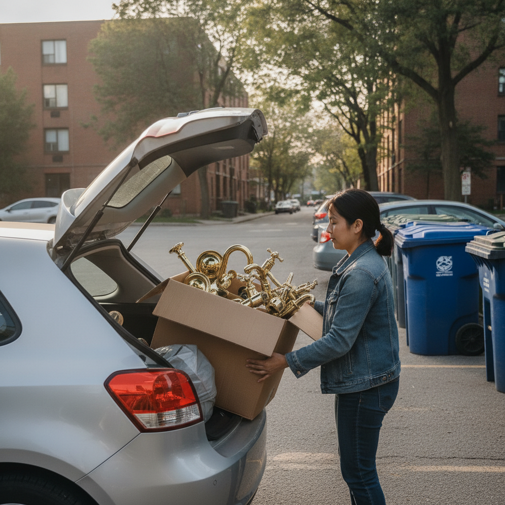 Homeowner loading brass door handles and faucets for recycling in Etobicoke to preserve brass scrap value