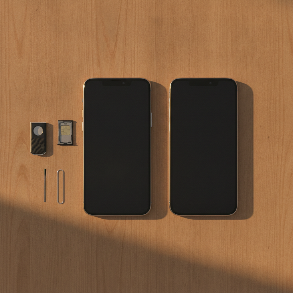 Top-down desk scene with smartphones and a USB security key illustrating two-factor authentication and recovery tools for phone password reset