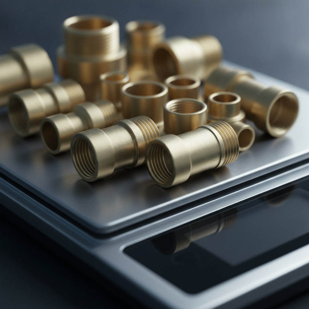 Close-up of clean yellow brass fittings on a scale tray, showing preparation to maximize brass value at an Etobicoke scrap yard