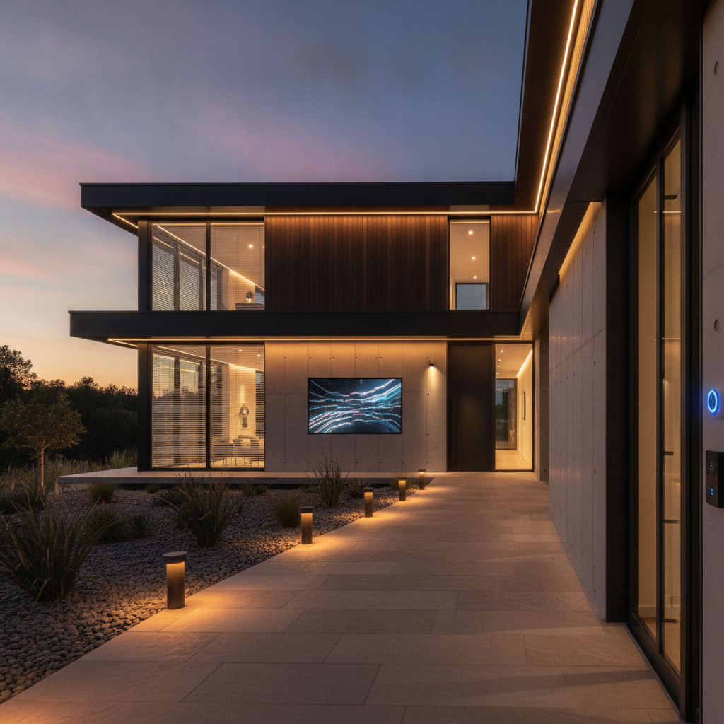 Smart home exterior at dusk with pathway lighting and video doorbell integrated into automation