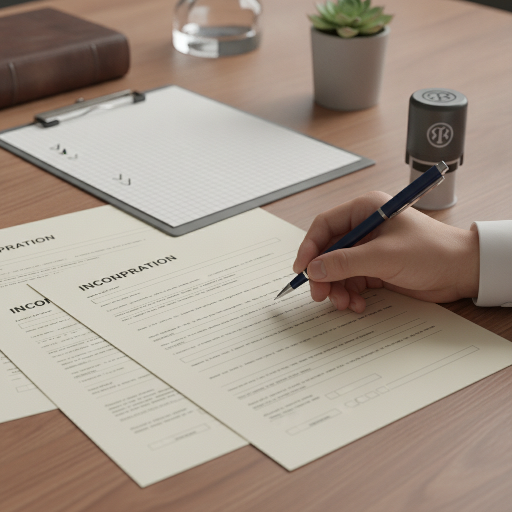 Close-up detail of incorporation documents, stamp, and checklist used to incorporate a small business with compliance-first sequencing