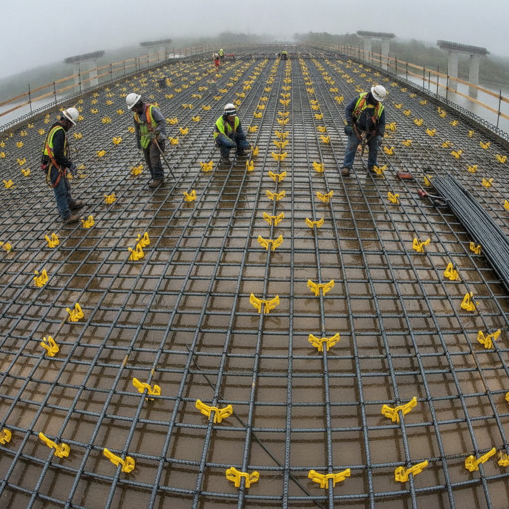 Construction crew tying and placing epoxy-coated rebar on a bridge deck, using non-metallic chairs and proper spacing for chloride exposure