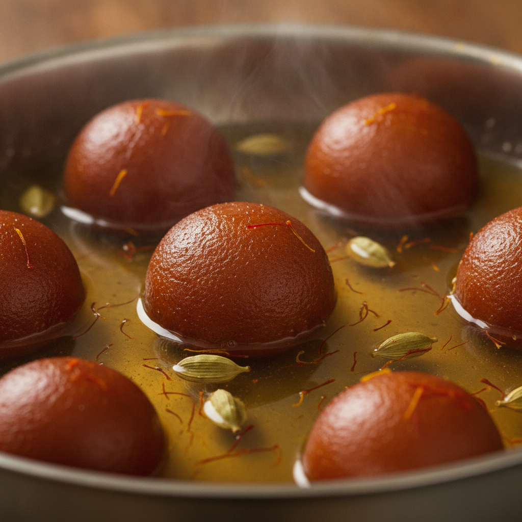 Close-up of gulab jamun soaking in saffron-cardamom syrup for authentic Brampton events