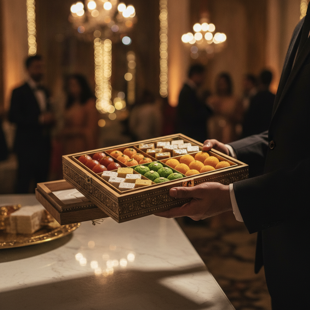 Elegant Indian sweets gift box with gulab jamun, barfi, and laddoo for Brampton celebrations