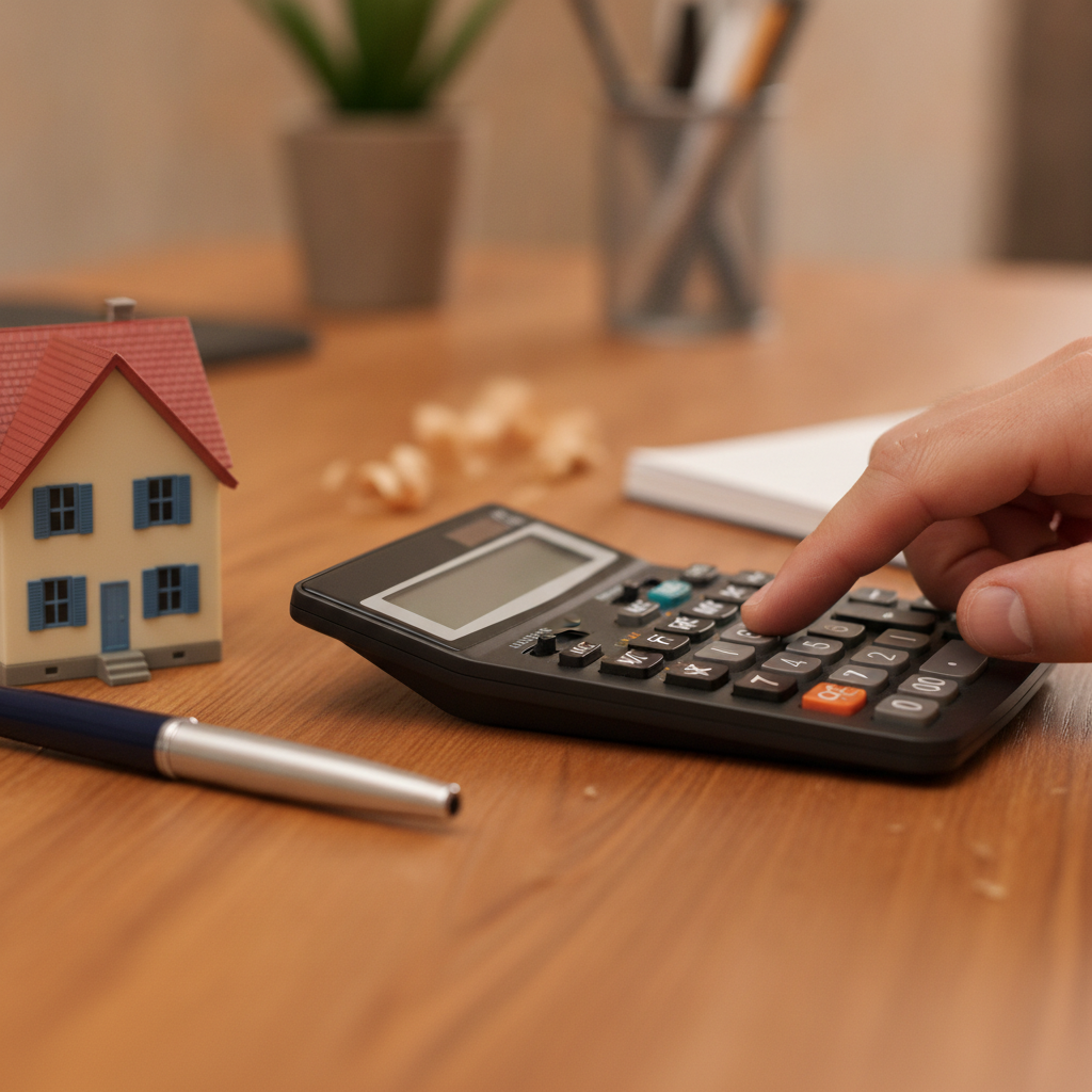 Close-up of refinance rate comparison tools with calculator, model house, and pen illustrating how to compare home loans for the best home loan rates refinance