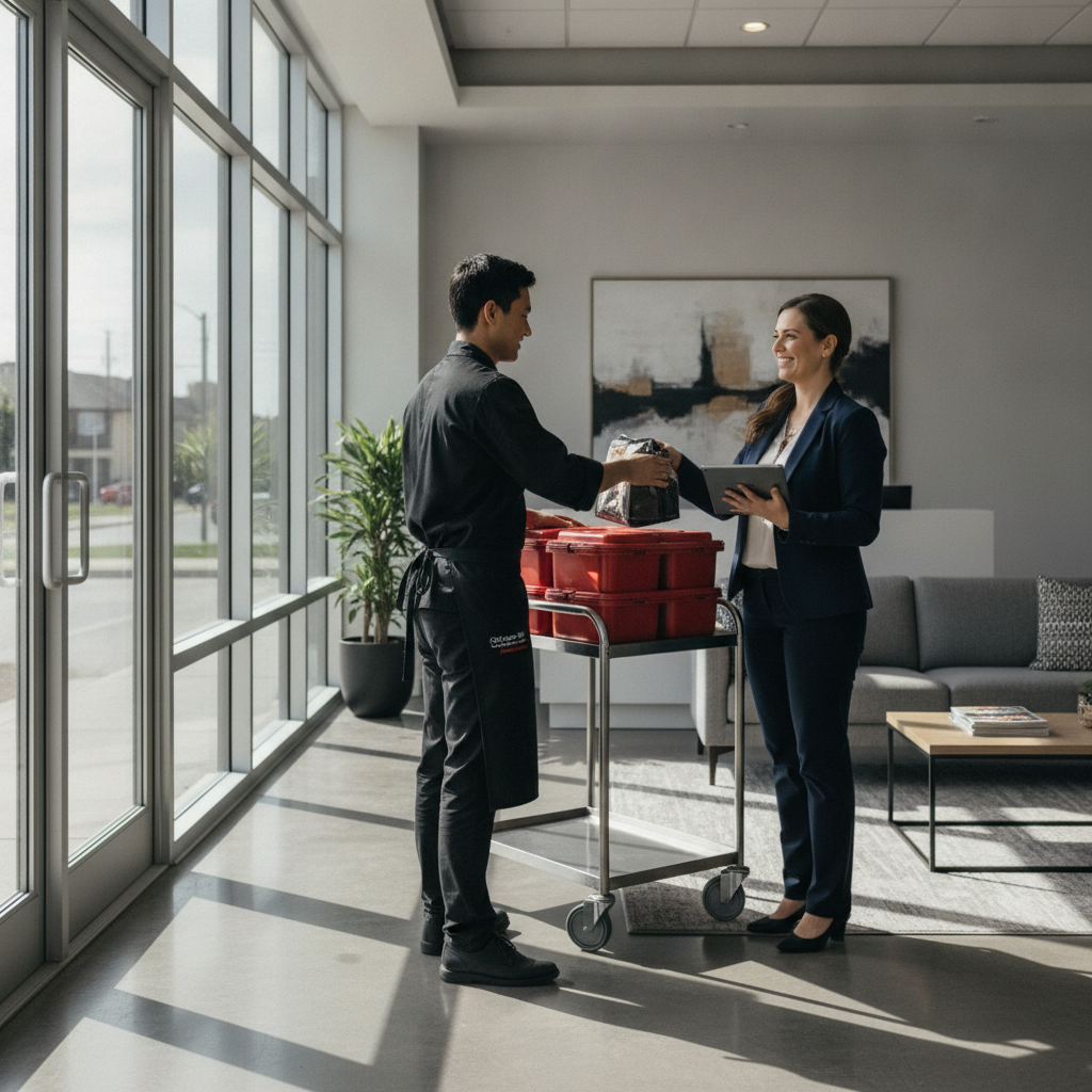 Catering delivery handoff in Woodbridge office reception with insulated carriers and a service cart