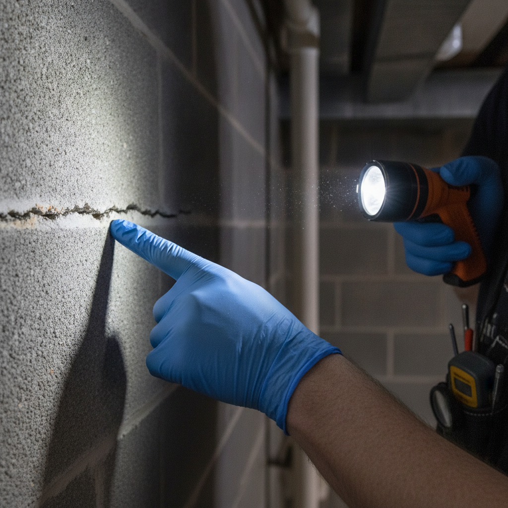 Close-up of a home inspector indicating a small foundation crack, a common disclosure point when selling homes as is in Ontario